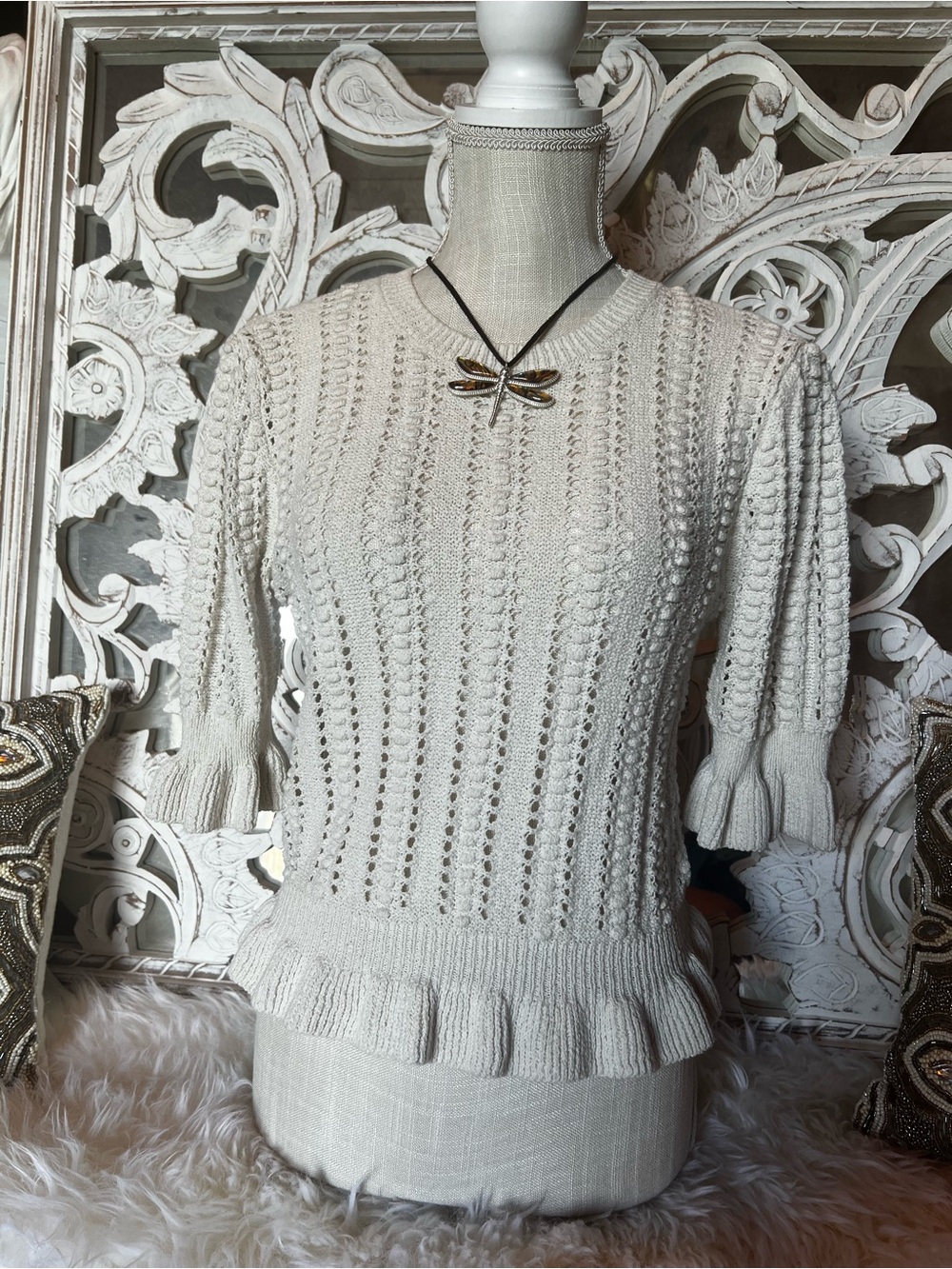 Zara Cream Open-Knit Ruffle-Hem Sweater